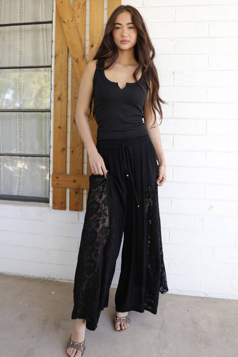 Night Out Lace Wide Leg Pant- Black