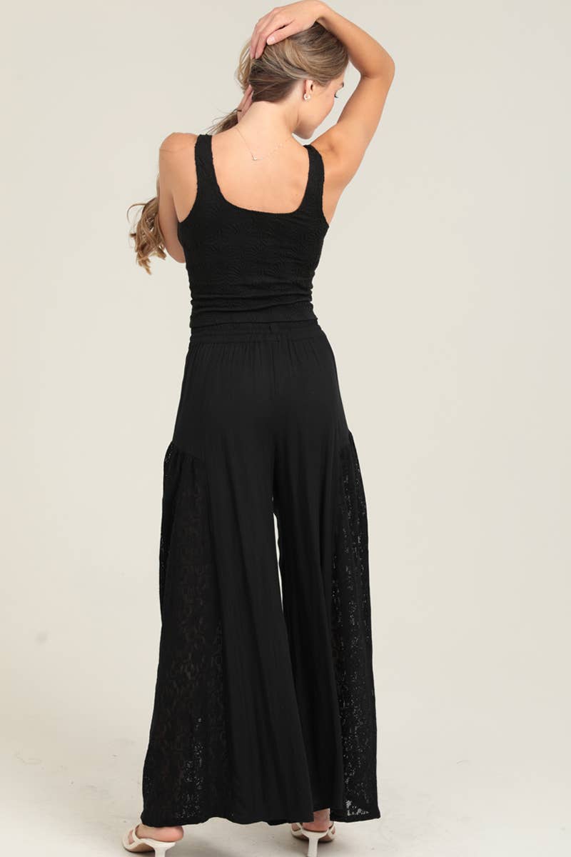 Night Out Lace Wide Leg Pant- Black