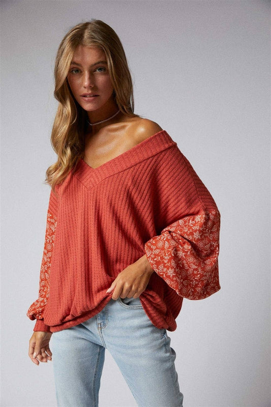 Bella Balloon Sleeve Top- Red Clay
