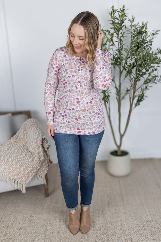 IN STOCK Button Snap Henley Top - Pink Fall Vintage Floral