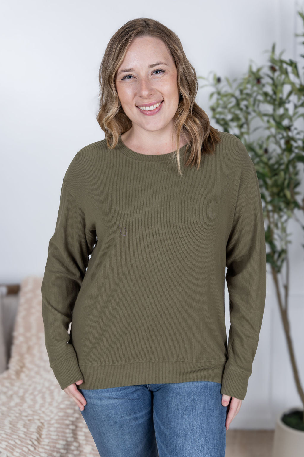 IN STOCK Corrine Ribbed Pullover Top - Olive