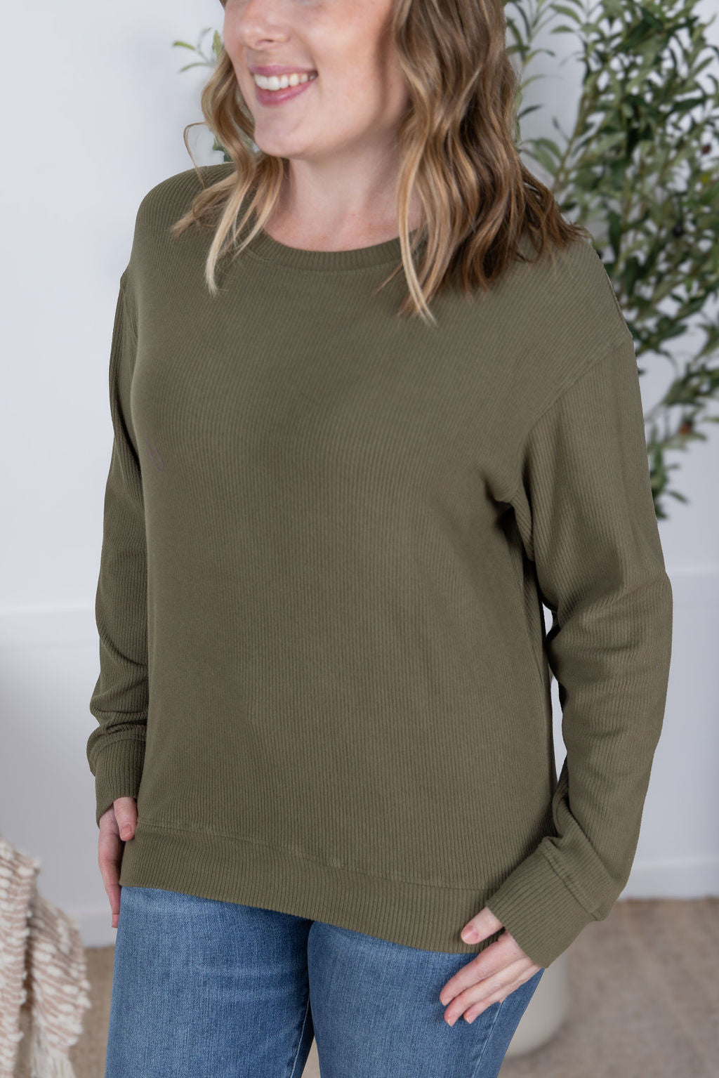 IN STOCK Corrine Ribbed Pullover Top - Olive