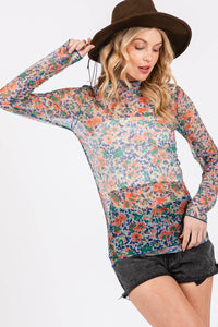 FLORAL MESH LONG SLEEVE TURTLE NECK