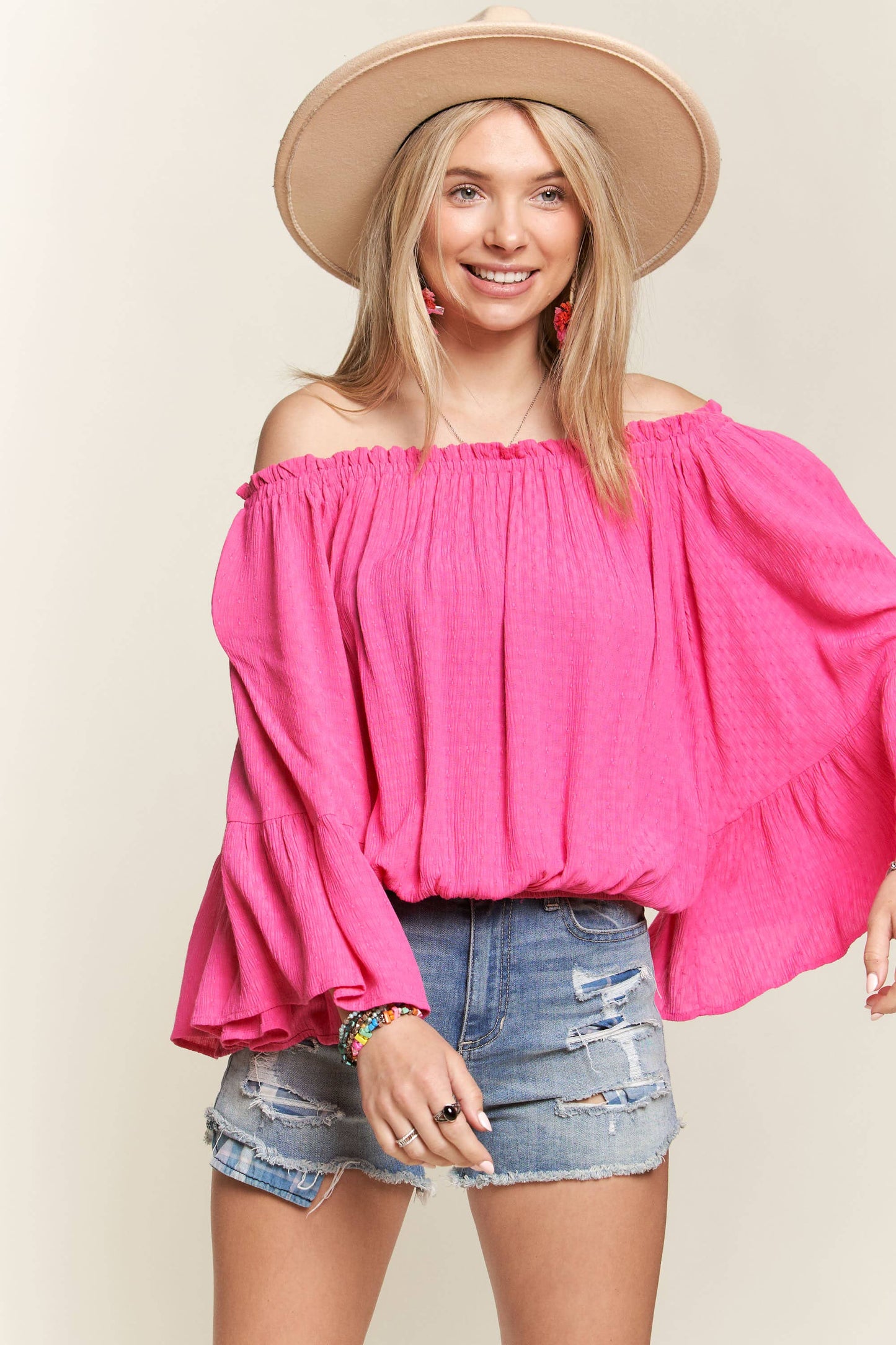 Julip Bell Sleeve Blouse-Bright Pink