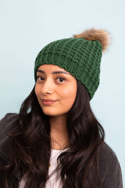 Textured Knit Bunny Pom Beanie