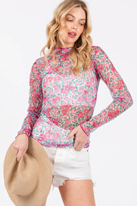 FLORAL MESH LONG SLEEVE TURTLE NECK