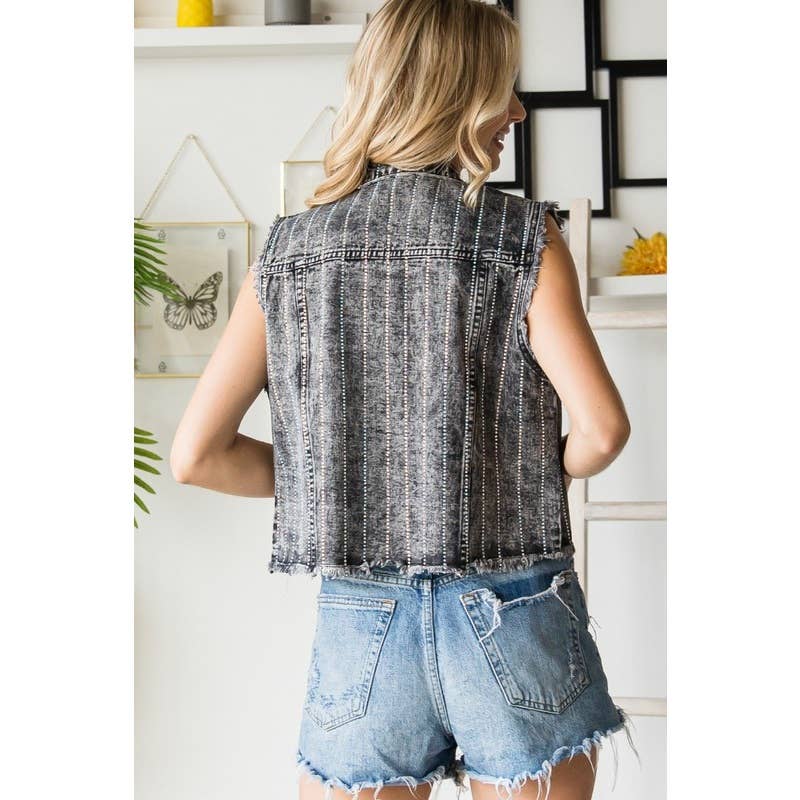 Rhinestone Washed Black Denim Vest