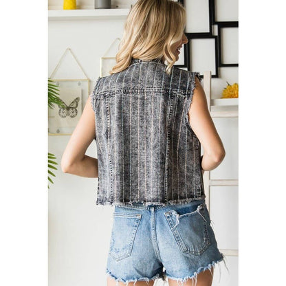 Rhinestone Washed Black Denim Vest