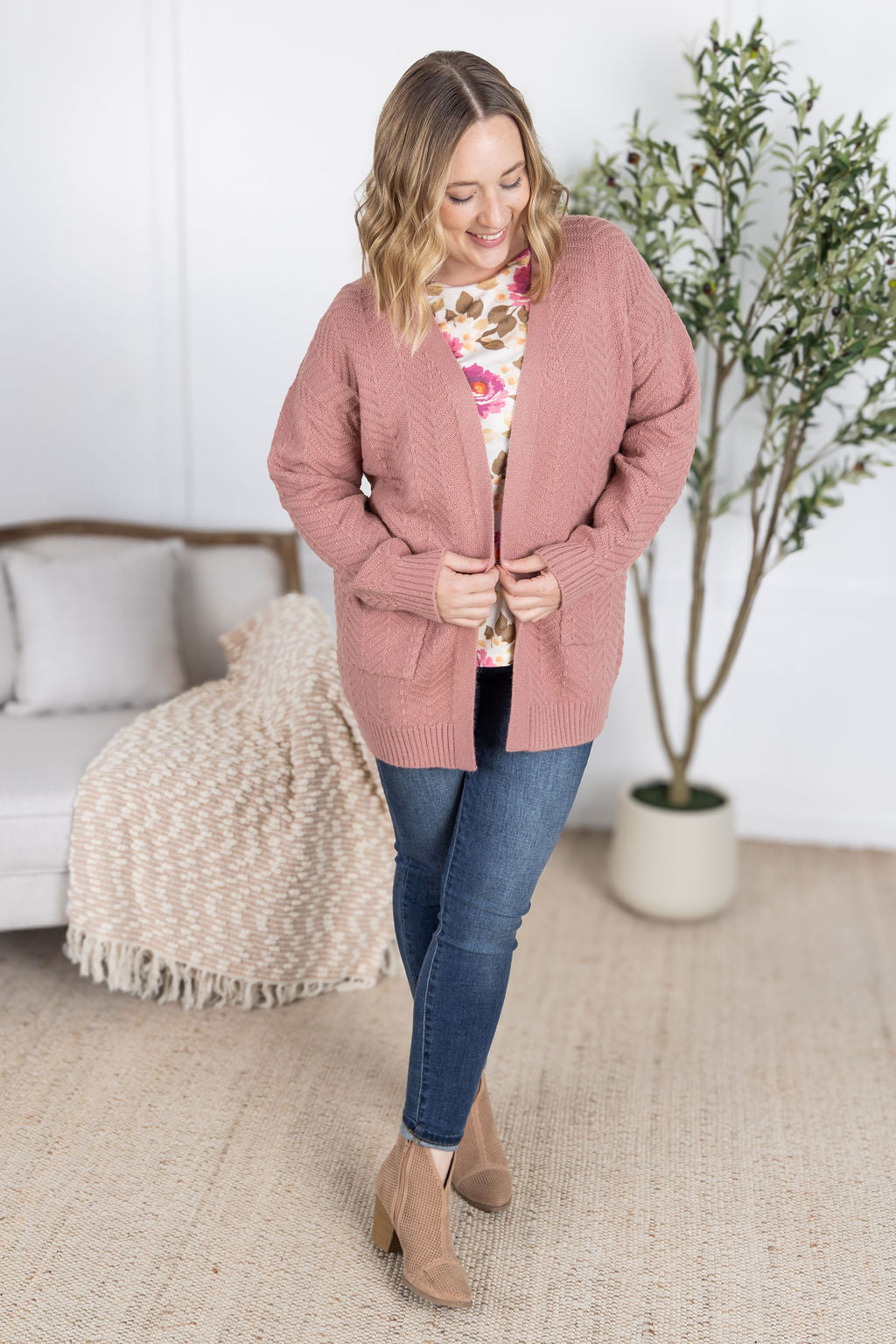 Billie Open Knit Cardigan - Dusty Rose