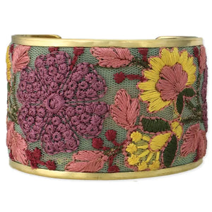 Mesh Pink Flower Embroidered Elegance Cuff Bracelet