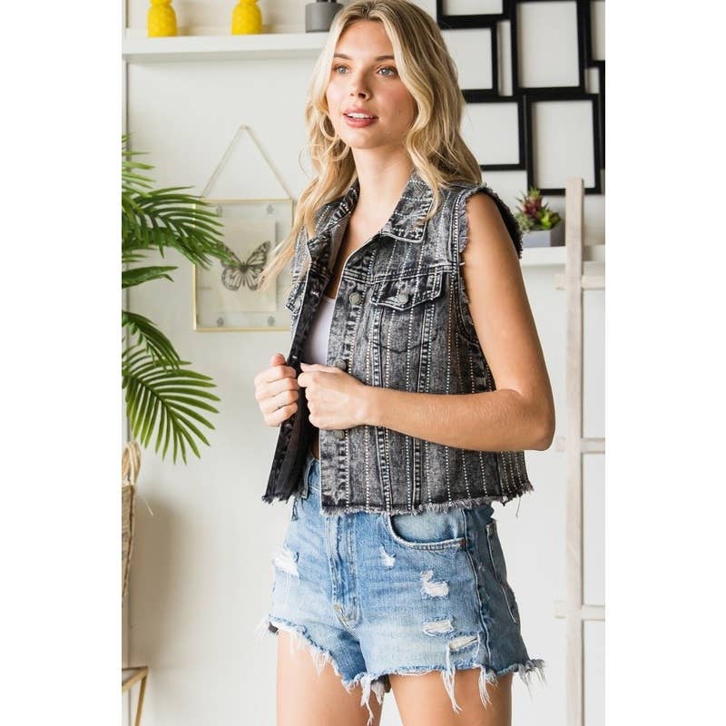 Rhinestone Washed Black Denim Vest