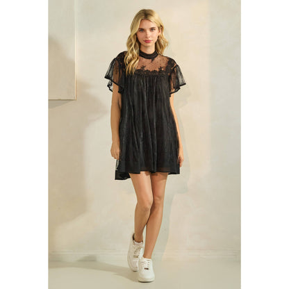 Lace Flutter Sleeve Mock Neck Mini Dress