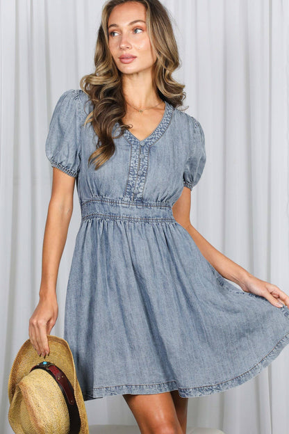 Puff Sleeve Tencel Chambray Denim Dress
