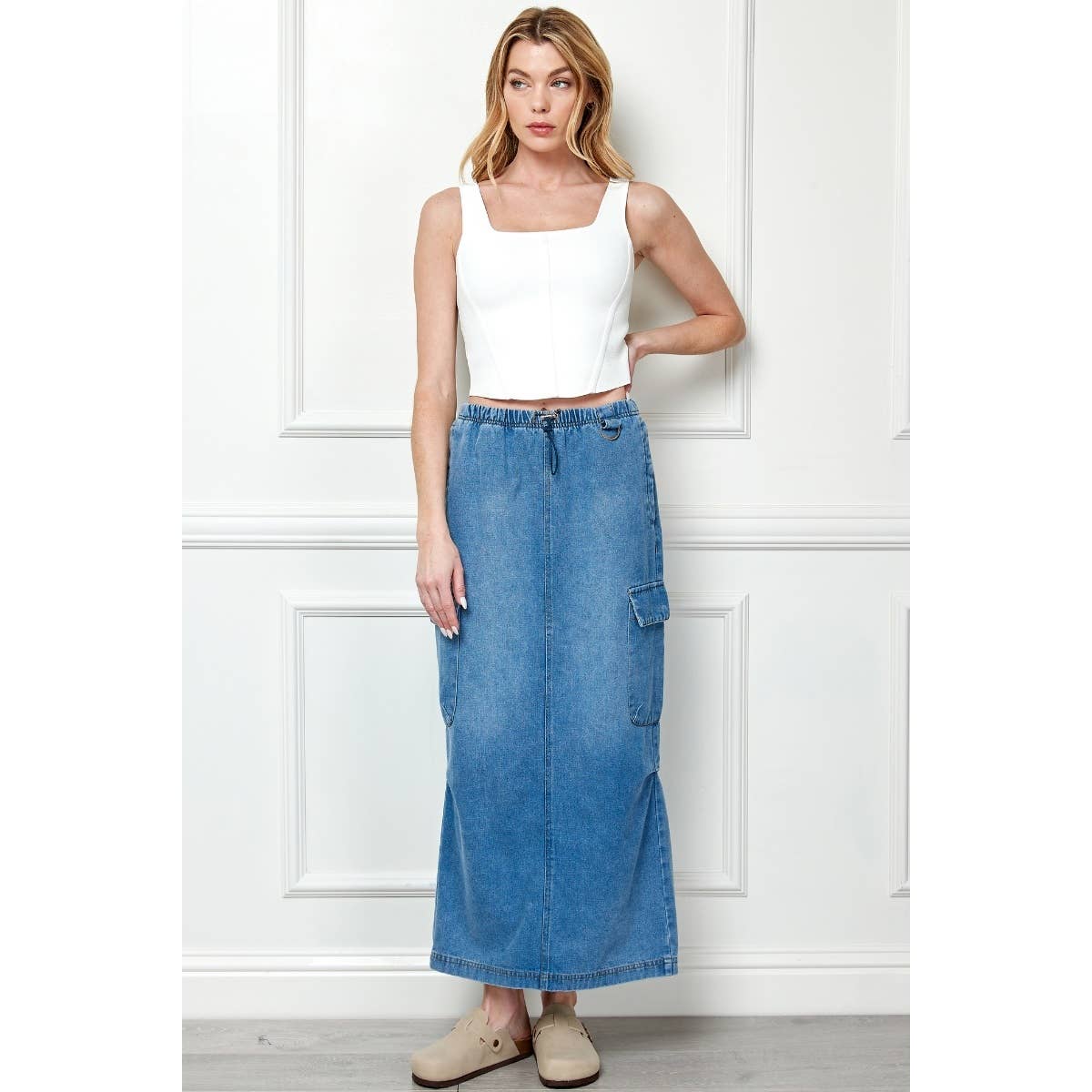 Long Denim Cargo Skirt