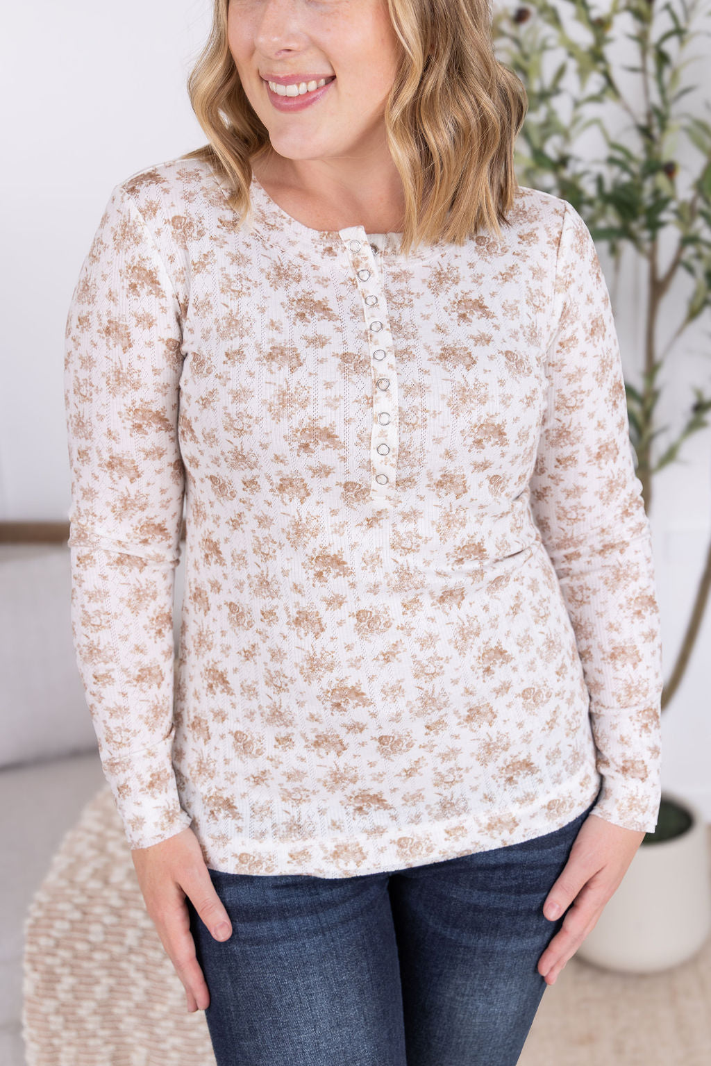 IN STOCK Button Snap Henley Top - Tan Micro Floral