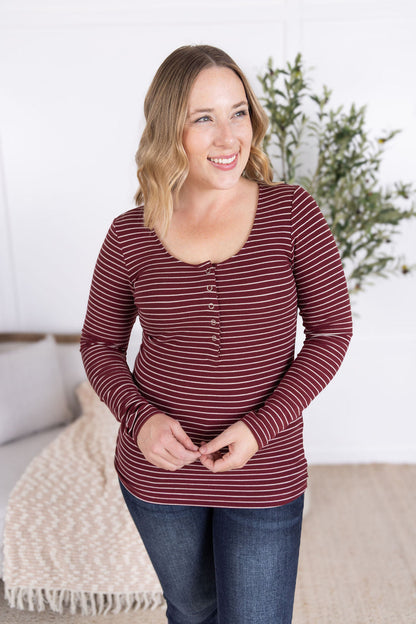 IN STOCK Striped Henley Long Sleeve - Burgundy