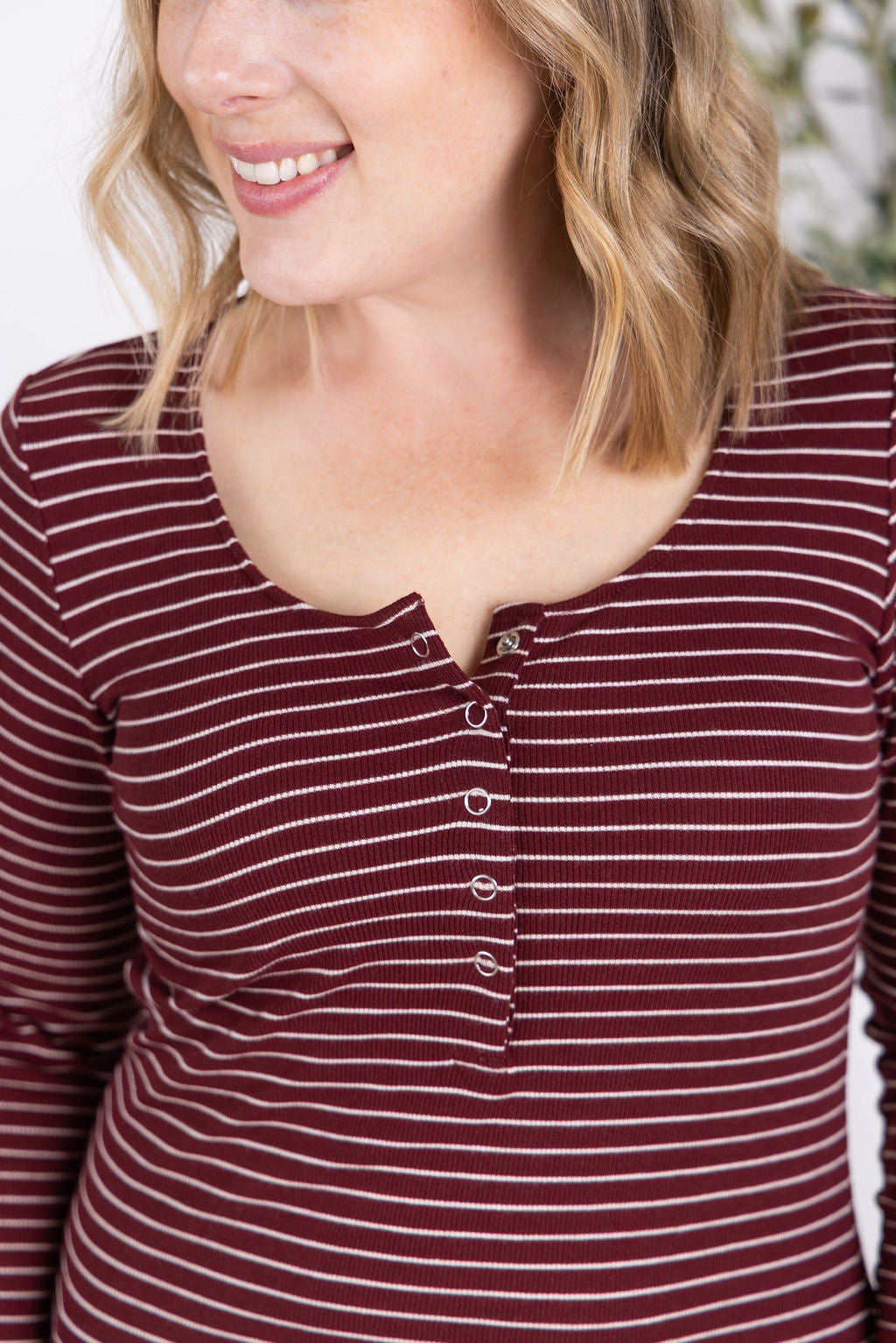 IN STOCK Striped Henley Long Sleeve - Burgundy