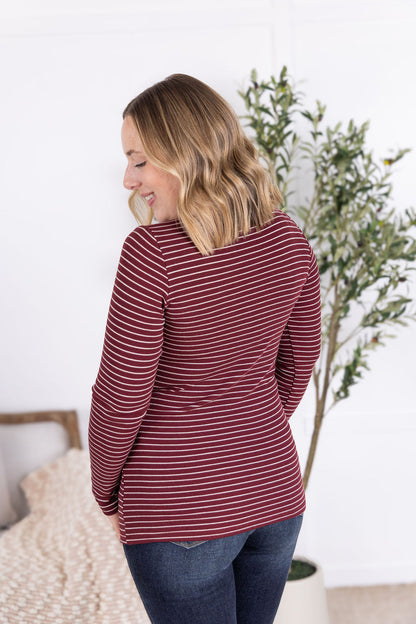 IN STOCK Striped Henley Long Sleeve - Burgundy