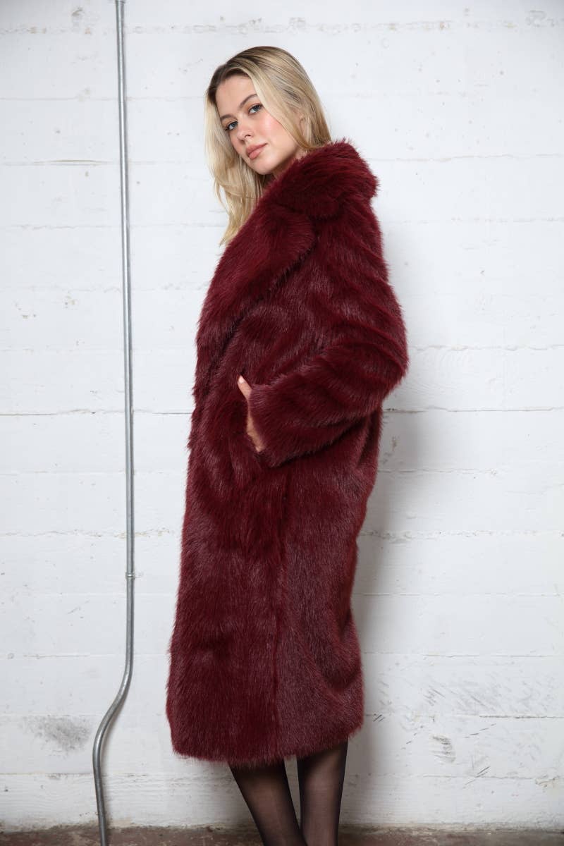 Merlot Long Hair Faux Fur Overcoat