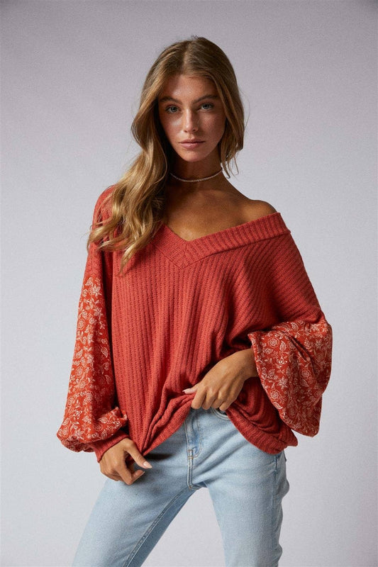 Bella Balloon Sleeve Top- Red Clay