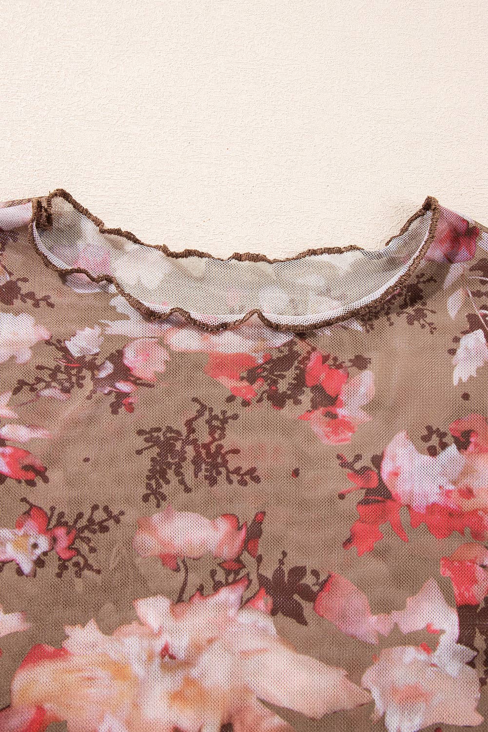 Chocolate with Red Floral Print Mesh Top
