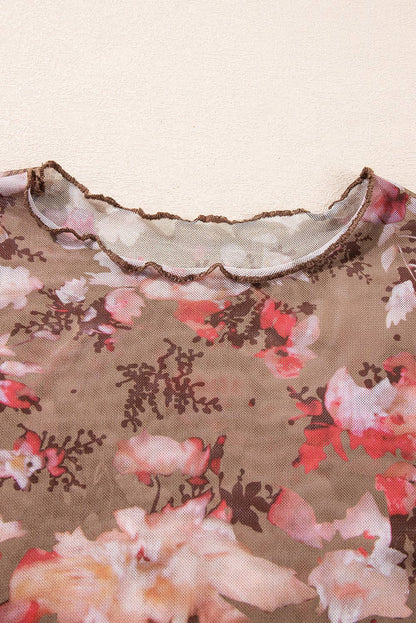 Chocolate with Red Floral Print Mesh Top