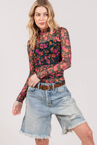 FLORAL MESH LONG SLEEVE TURTLE NECK