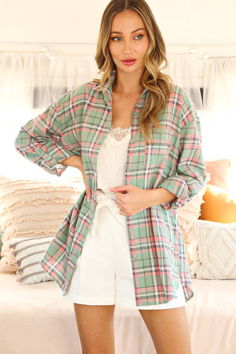 Monroe Button Down Plaid Shirt- Mint