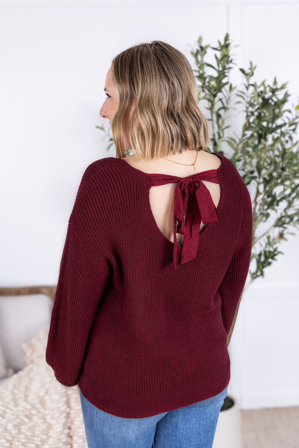 Bethany Bow Knit Sweater - Burgundy