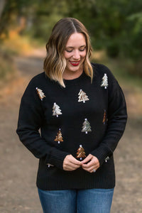 Holly Jolly Sweater - gold and silver trees