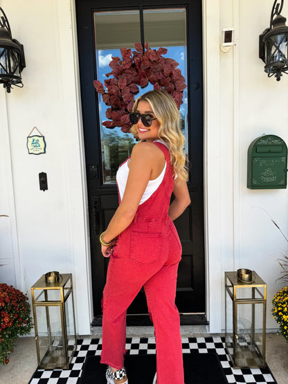Dahlia Overalls - Vintage Red and Evergreen