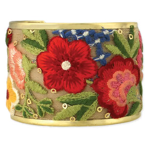 Mesh Red Flower Embroidered Elegance Cuff Bracelet