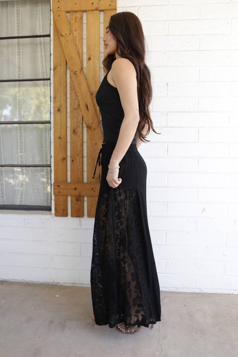 Night Out Lace Wide Leg Pant- Black