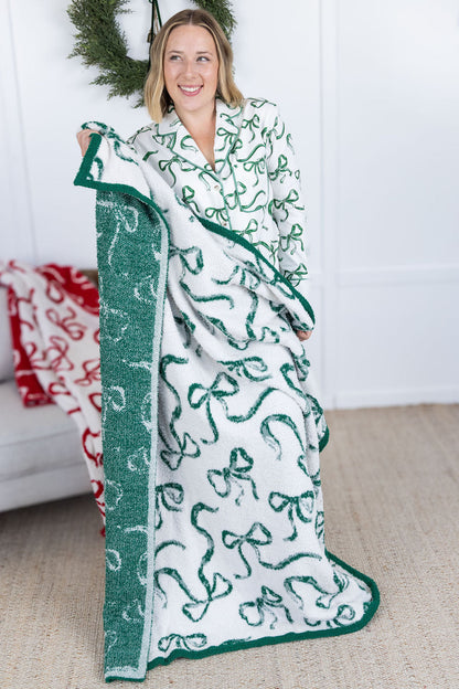 Christmas Bow Blanket - White with Green Ribbons