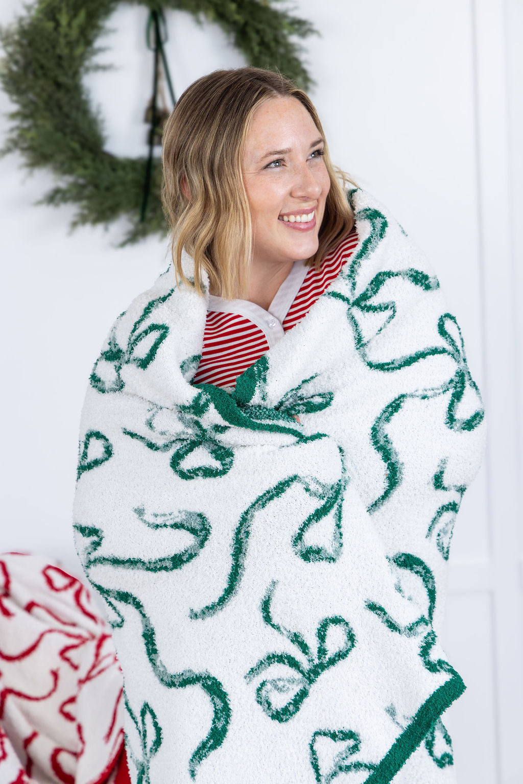 Christmas Bow Blanket - White with Green Ribbons