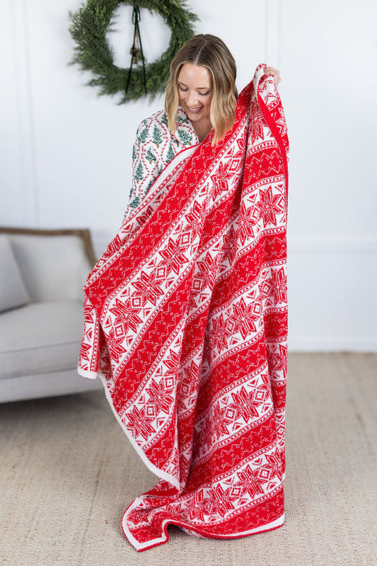 Snowflakes Plush and Fuzzy Blanket - Red Holiday