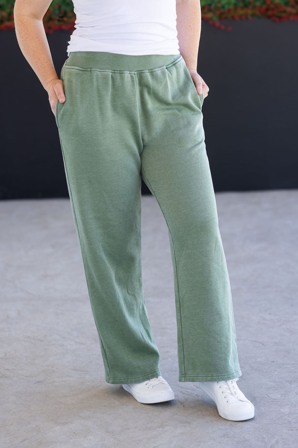 IN STOCK Wide Leg Vintage Wash Bottoms - Olive