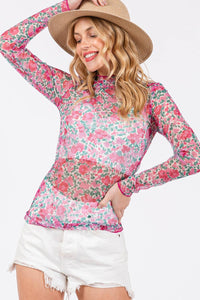 FLORAL MESH LONG SLEEVE TURTLE NECK