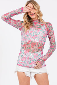 FLORAL MESH LONG SLEEVE TURTLE NECK