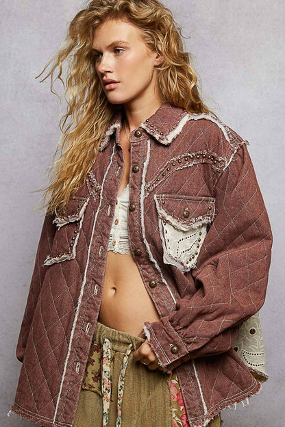 Long sleeve Western-inspired yoke studded lace panel jacket