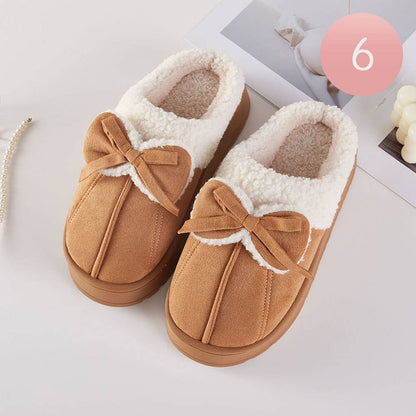 Bow Accent Fuzzy Plush Home Indoor Floor Slippers