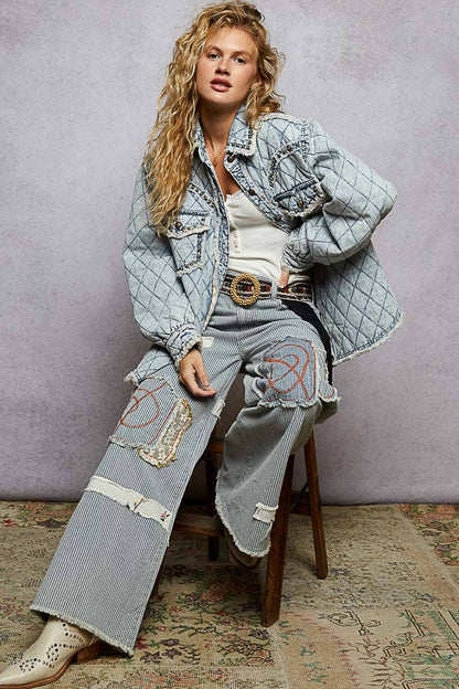 Long sleeve Western-inspired yoke studded lace panel jacket