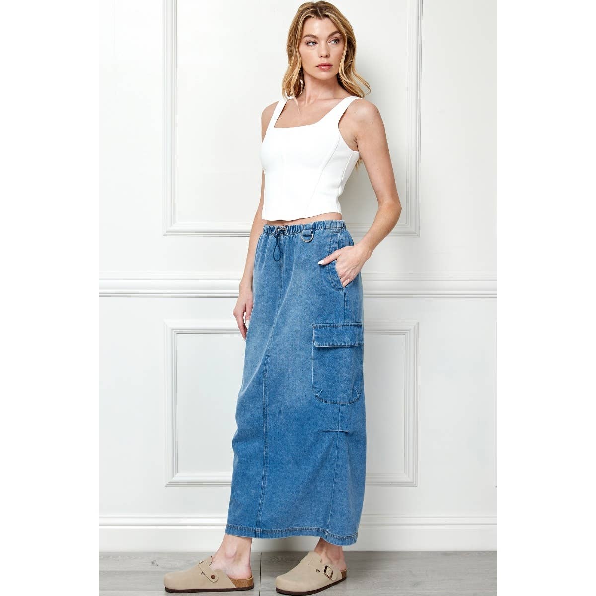 Long Denim Cargo Skirt