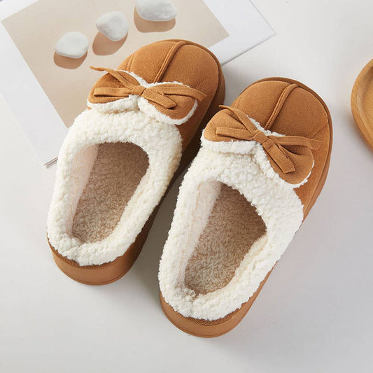 Bow Accent Fuzzy Plush Home Indoor Floor Slippers