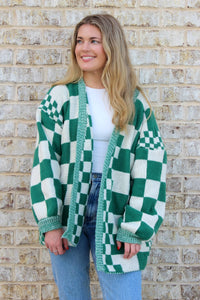 Flora Oversized Checkered Cardigan-Green