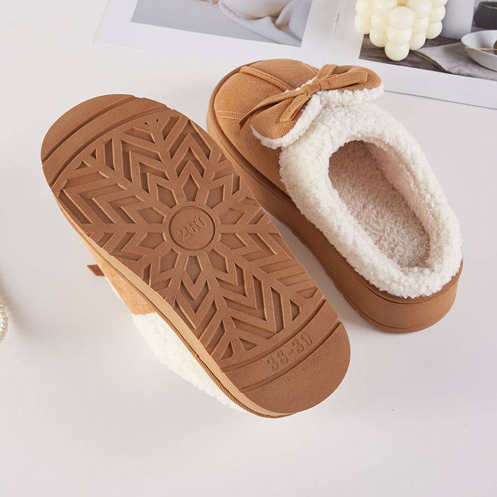 Bow Accent Fuzzy Plush Home Indoor Floor Slippers