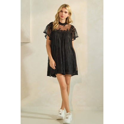 Lace Flutter Sleeve Mock Neck Mini Dress