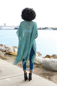 Sequin Border Frayed Trim Kimono- Teal