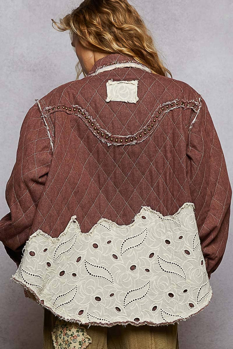 Long sleeve Western-inspired yoke studded lace panel jacket