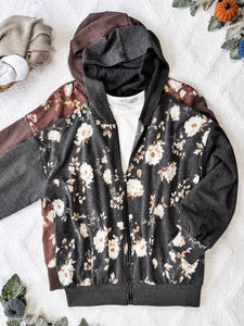 IN STOCK Ramona Ribbed Floral Zip Up - Brown FINAL SALE